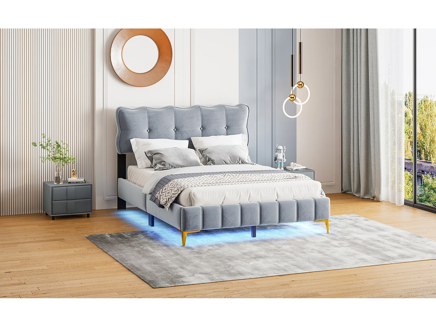 Lit rembourré 140x200 cm pour jeunes, LED, tête rembourrée, sommier métal, velours gris