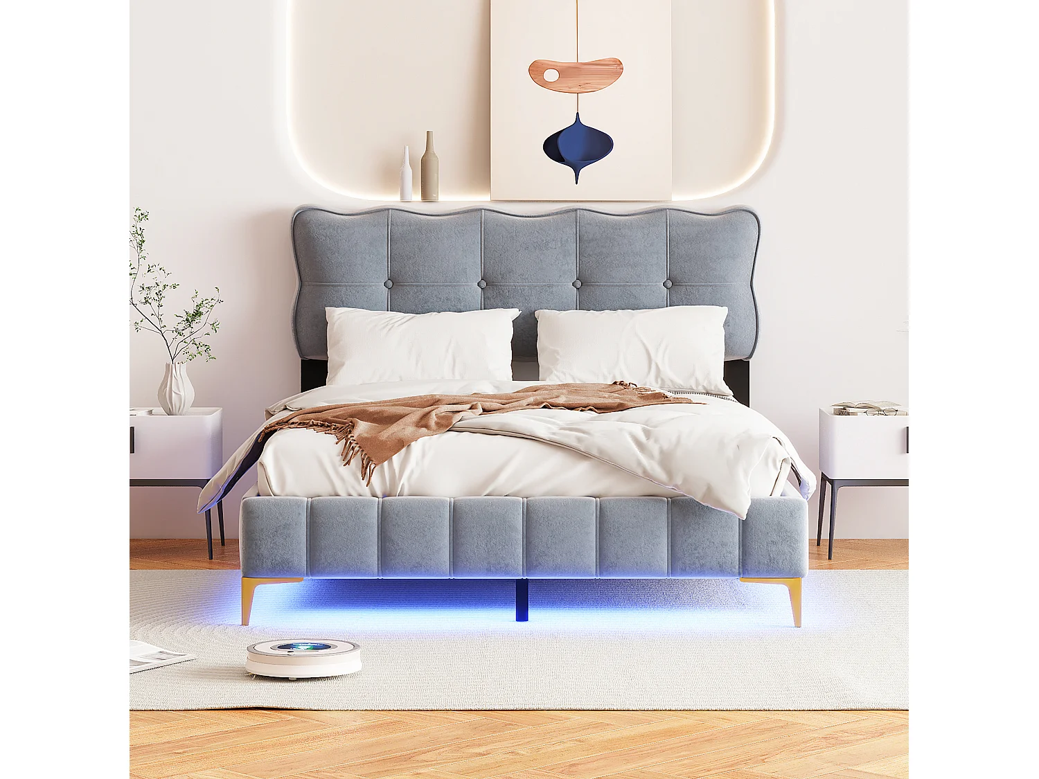 Lit rembourré 140x200 cm pour jeunes, LED, tête rembourrée, sommier métal, velours gris