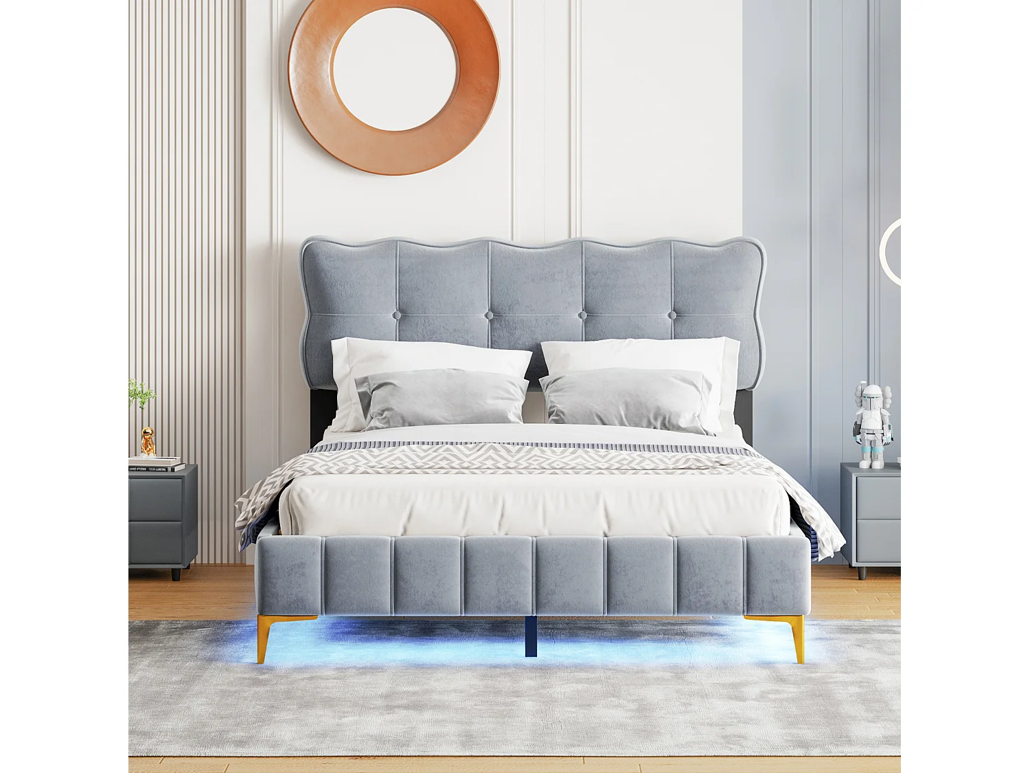 Lit rembourré 140x200 cm pour jeunes, LED, tête rembourrée, sommier métal, velours gris