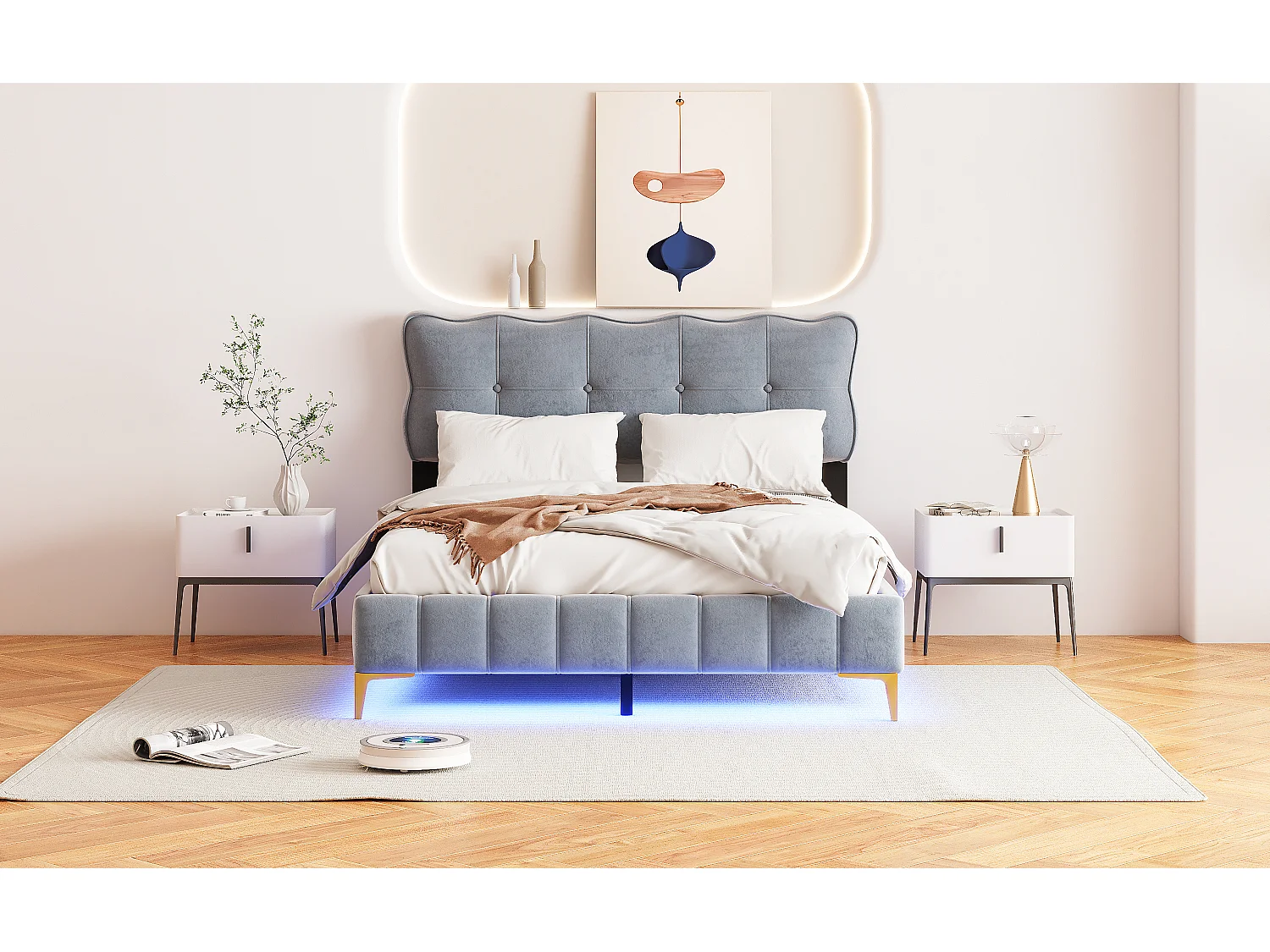 Lit rembourré 140x200 cm pour jeunes, LED, tête rembourrée, sommier métal, velours gris