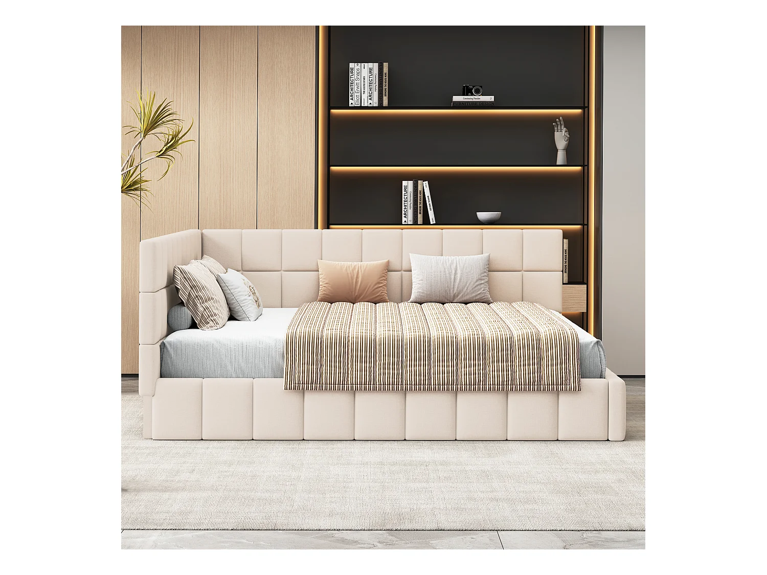 Lit multifonctionnel 160×200 cm en velours beige avec échelle et barrières de sécurité