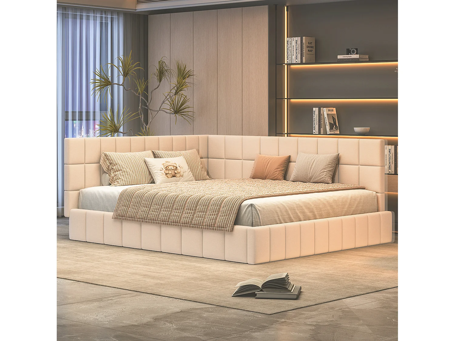 Lit multifonctionnel 160×200 cm en velours beige avec échelle et barrières de sécurité