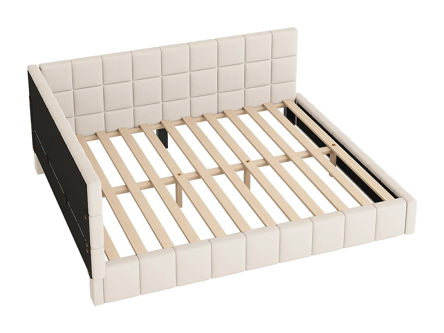 Lit multifonctionnel 160×200 cm en velours beige avec échelle et barrières de sécurité