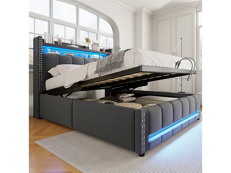 Lit rembourré 140×200 cm avec éclairage LED et prise USB, tête de lit avec étagères et rangement