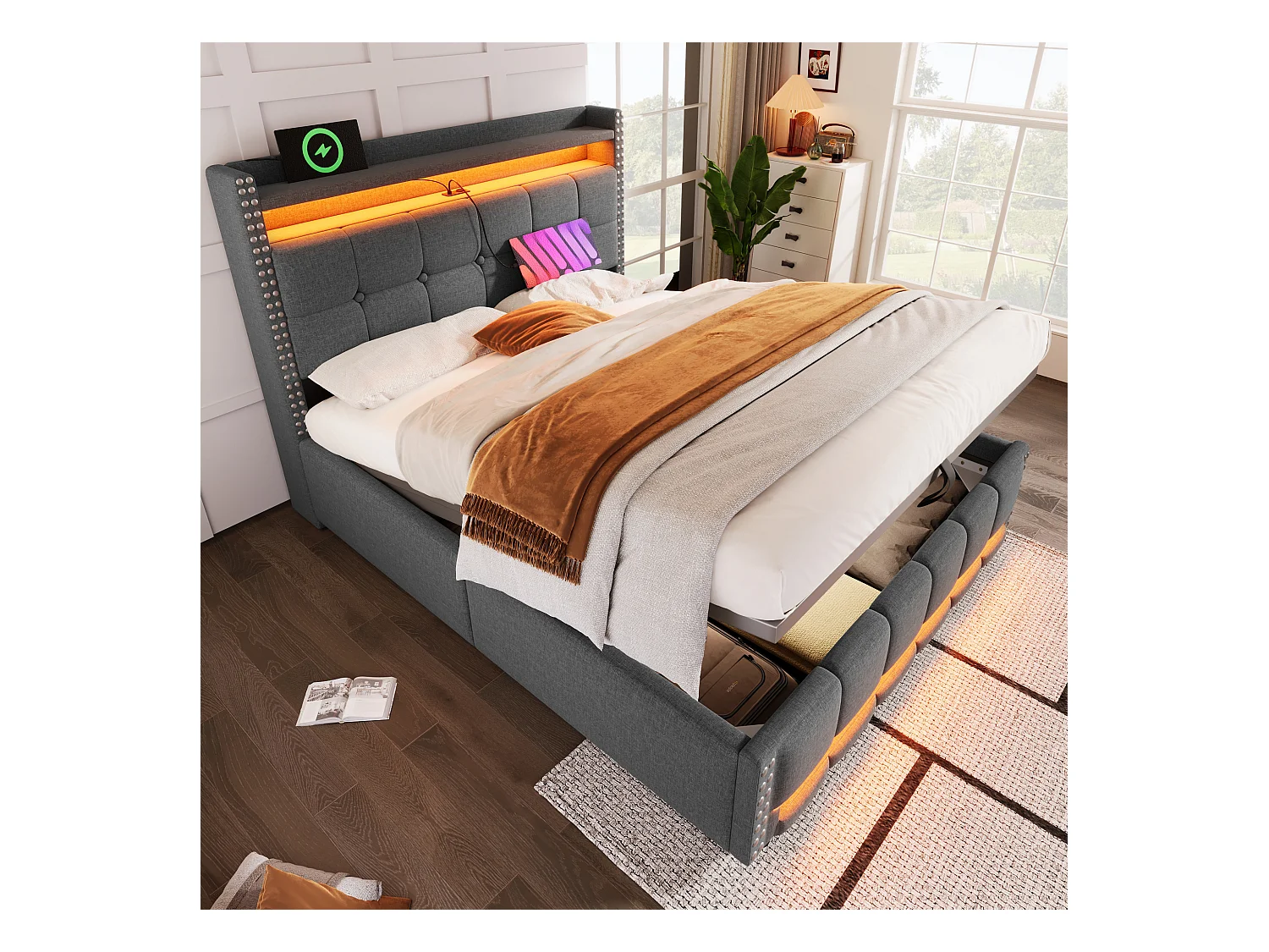 Lit rembourré 140×200 cm avec éclairage LED et prise USB, tête de lit avec étagères et rangement