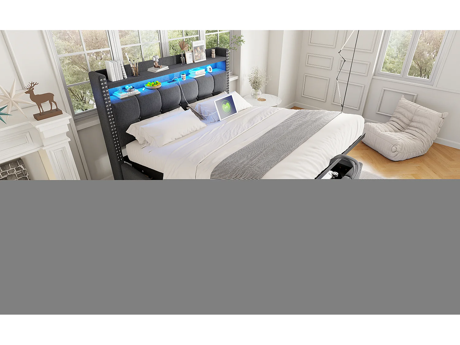 Lit rembourré 140×200 cm avec éclairage LED et prise USB, tête de lit avec étagères et rangement