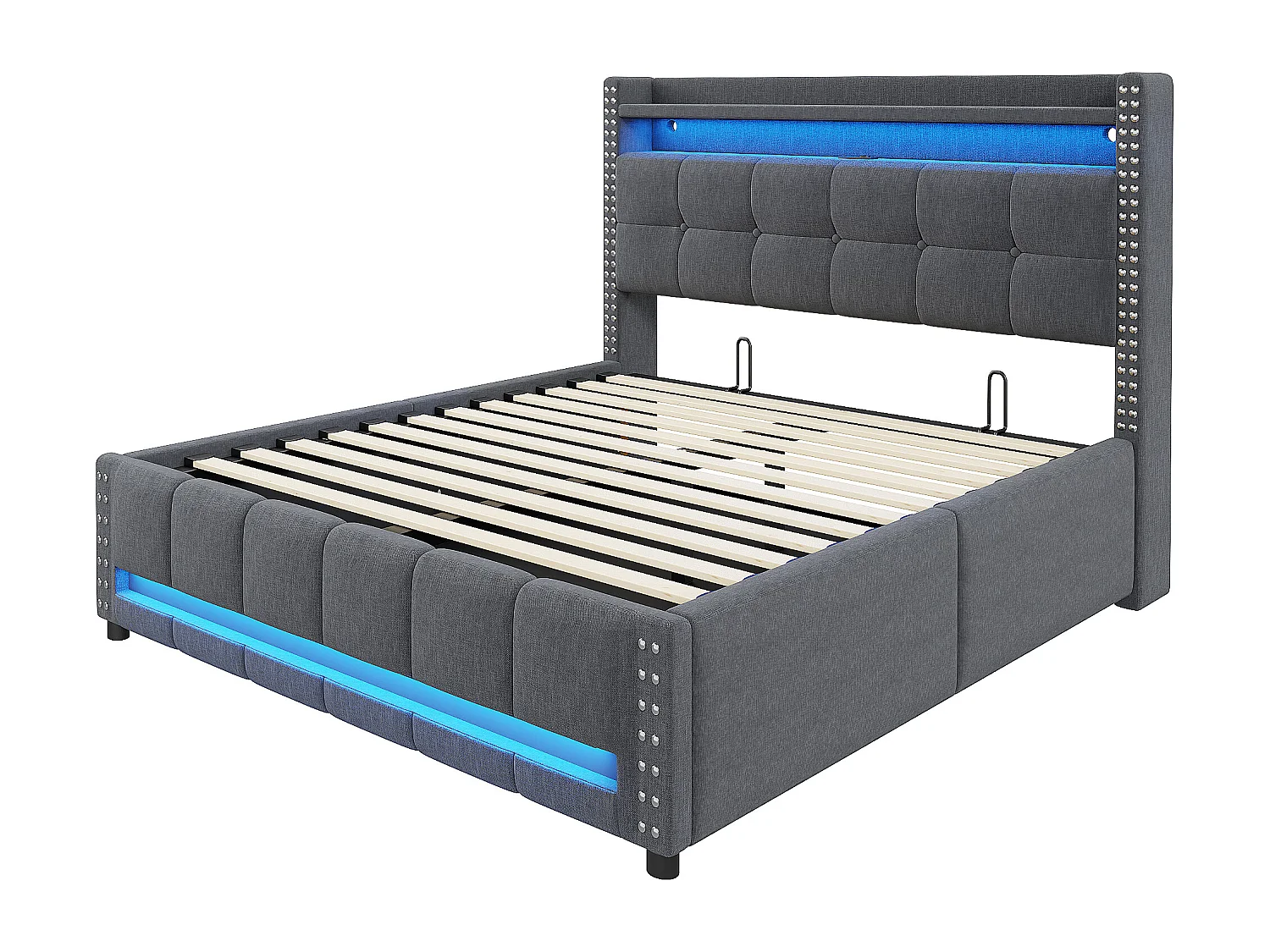 Lit rembourré 140×200 cm avec éclairage LED et prise USB, tête de lit avec étagères et rangement