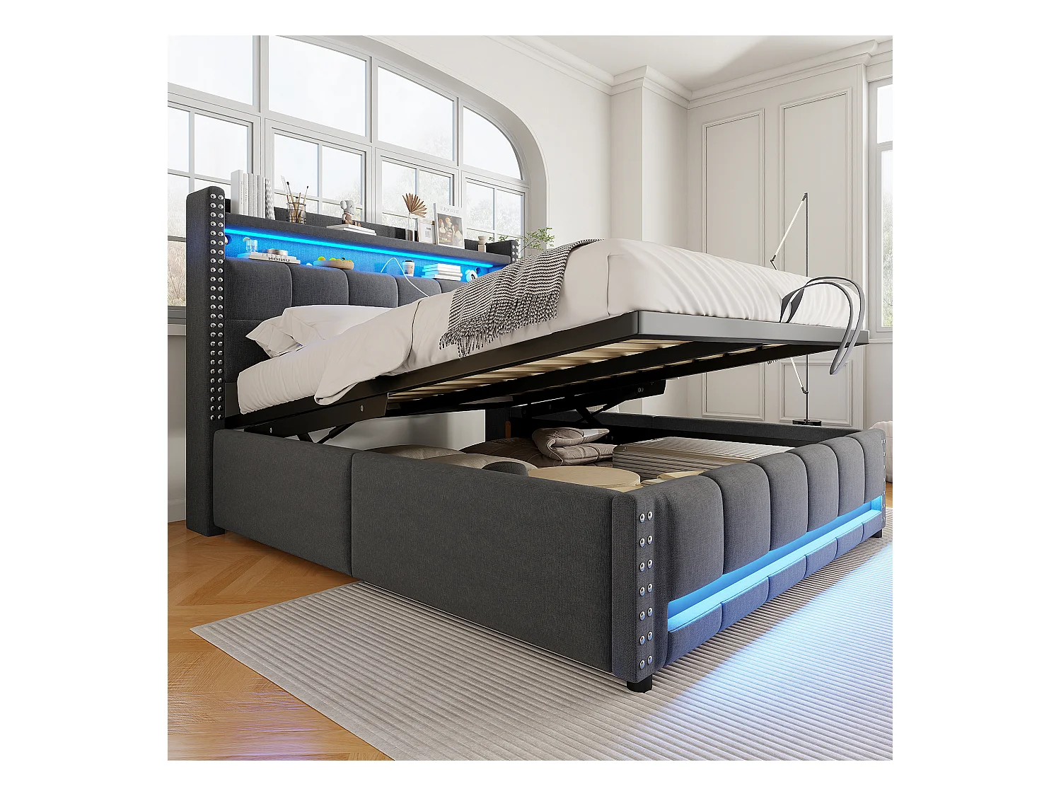 Lit rembourré 140×200 cm avec éclairage LED et prise USB, tête de lit avec étagères et rangement