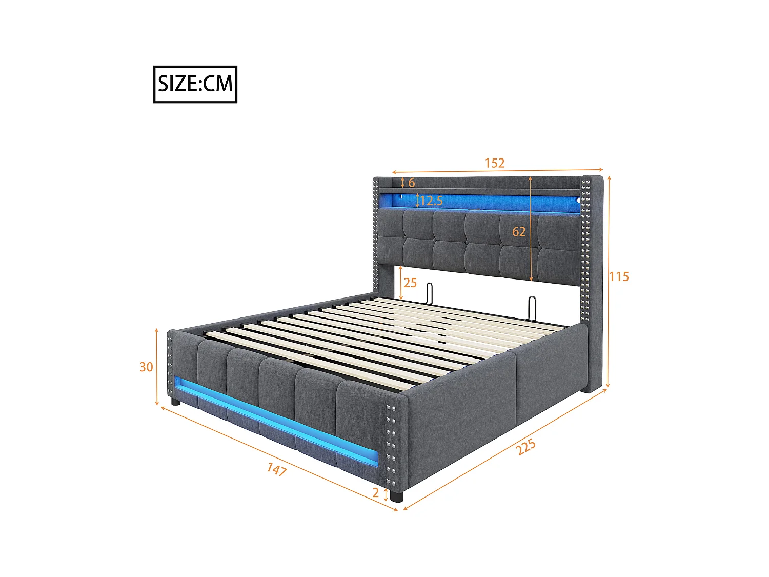 Lit rembourré 140×200 cm avec éclairage LED et prise USB, tête de lit avec étagères et rangement