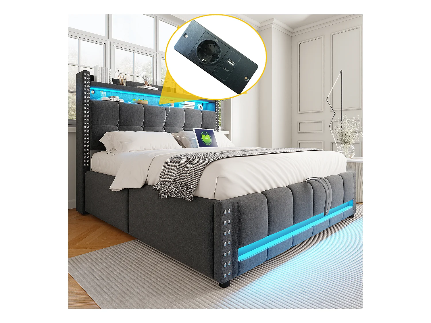 Lit rembourré 140×200 cm avec éclairage LED et prise USB, tête de lit avec étagères et rangement