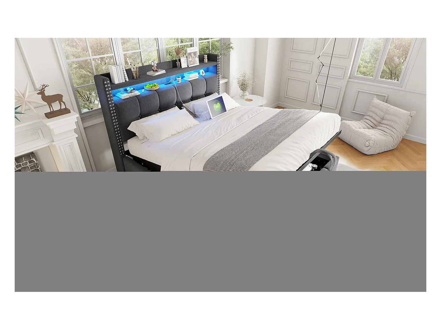 Lit rembourré 140×200 cm avec éclairage LED et prise USB, tête de lit avec étagères et rangement