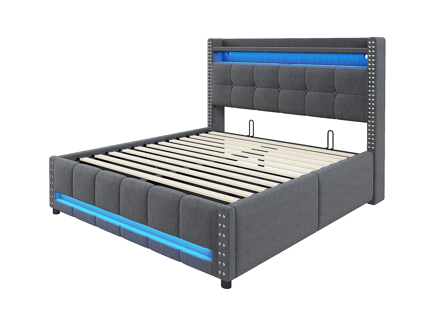 Lit rembourré 140×200 cm avec éclairage LED et prise USB, tête de lit avec étagères et rangement