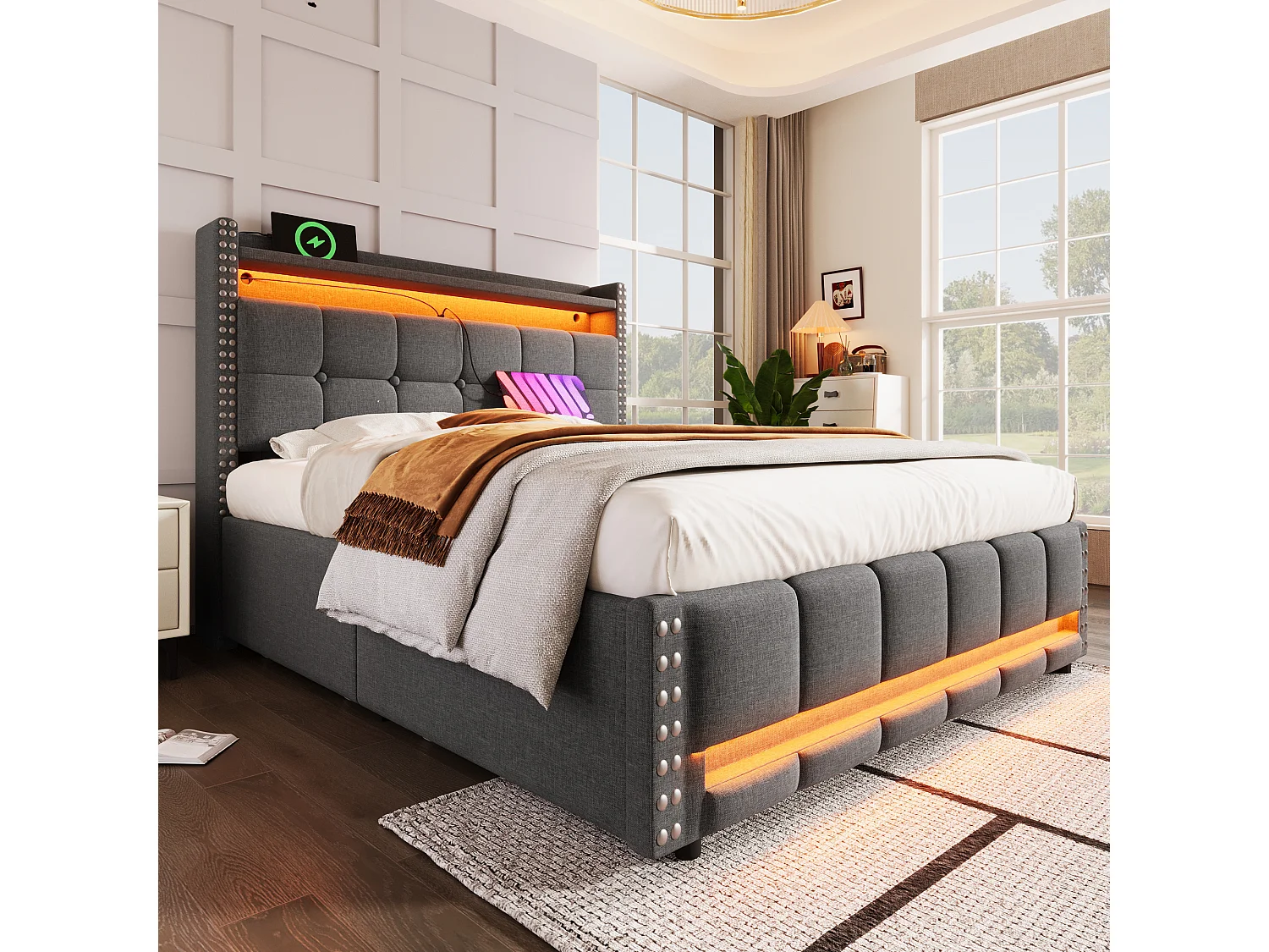 Lit rembourré 140×200 cm avec éclairage LED et prise USB, tête de lit avec étagères et rangement