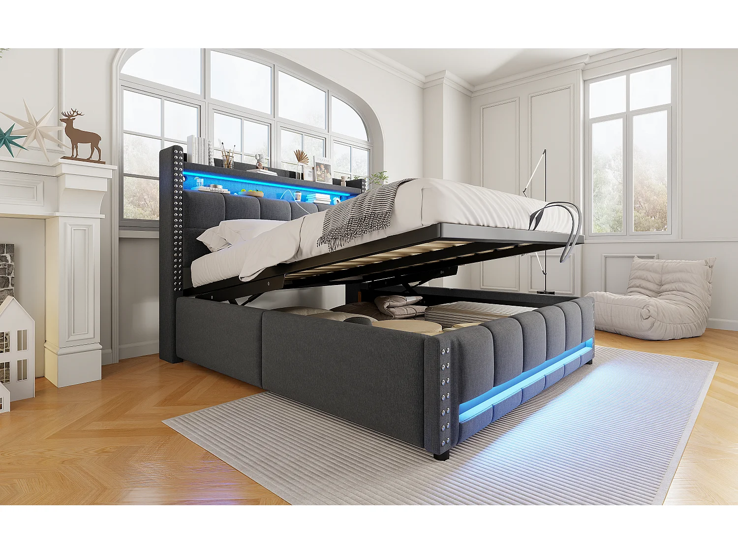 Lit rembourré 140×200 cm avec éclairage LED et prise USB, tête de lit avec étagères et rangement