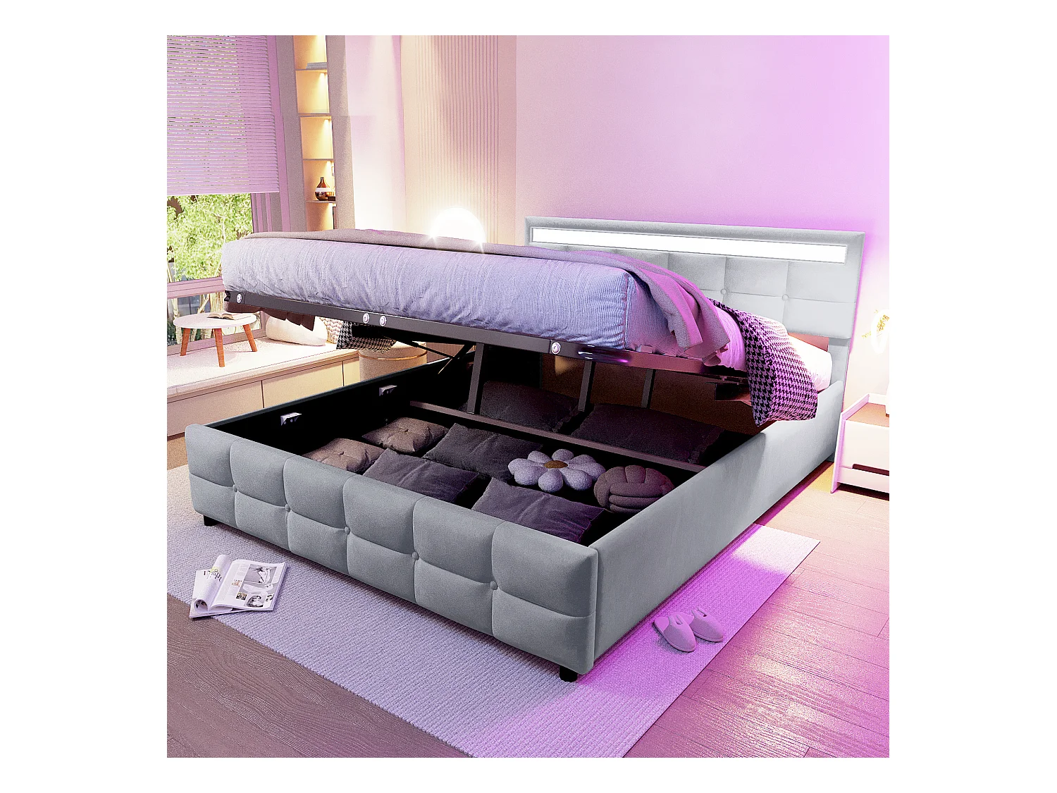 Lit rembourré 180x200 cm, LED, sommier inclus, coffre hydraulique, velours gris, espace de rangement