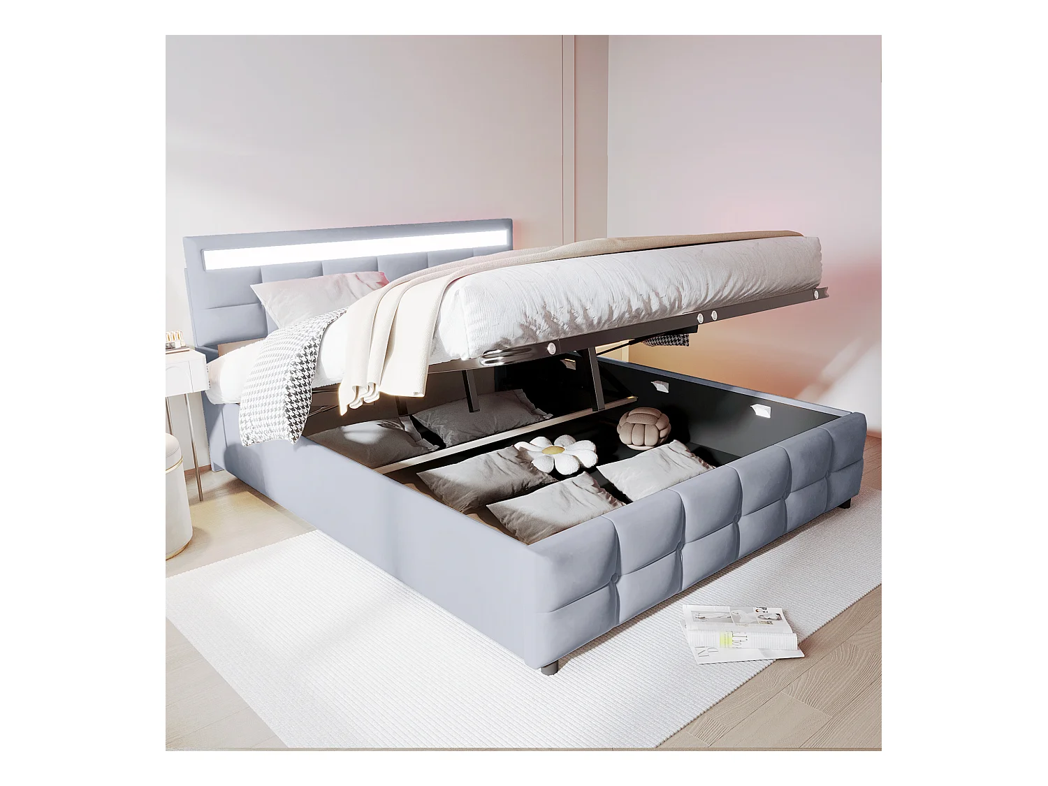 Lit rembourré 180x200 cm, LED, sommier inclus, coffre hydraulique, velours gris, espace de rangement