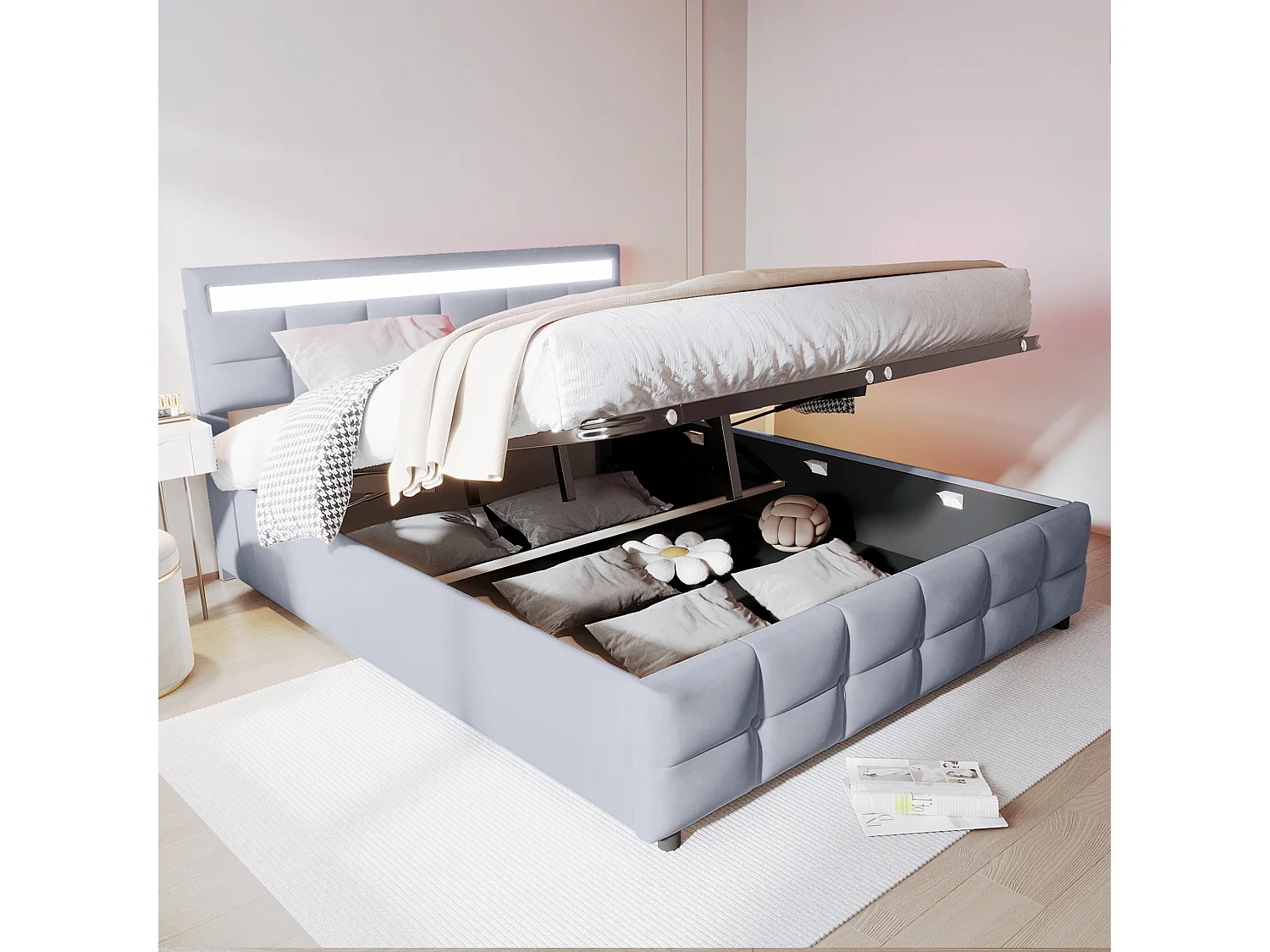 Lit rembourré 180x200 cm, LED, sommier inclus, coffre hydraulique, velours gris, espace de rangement