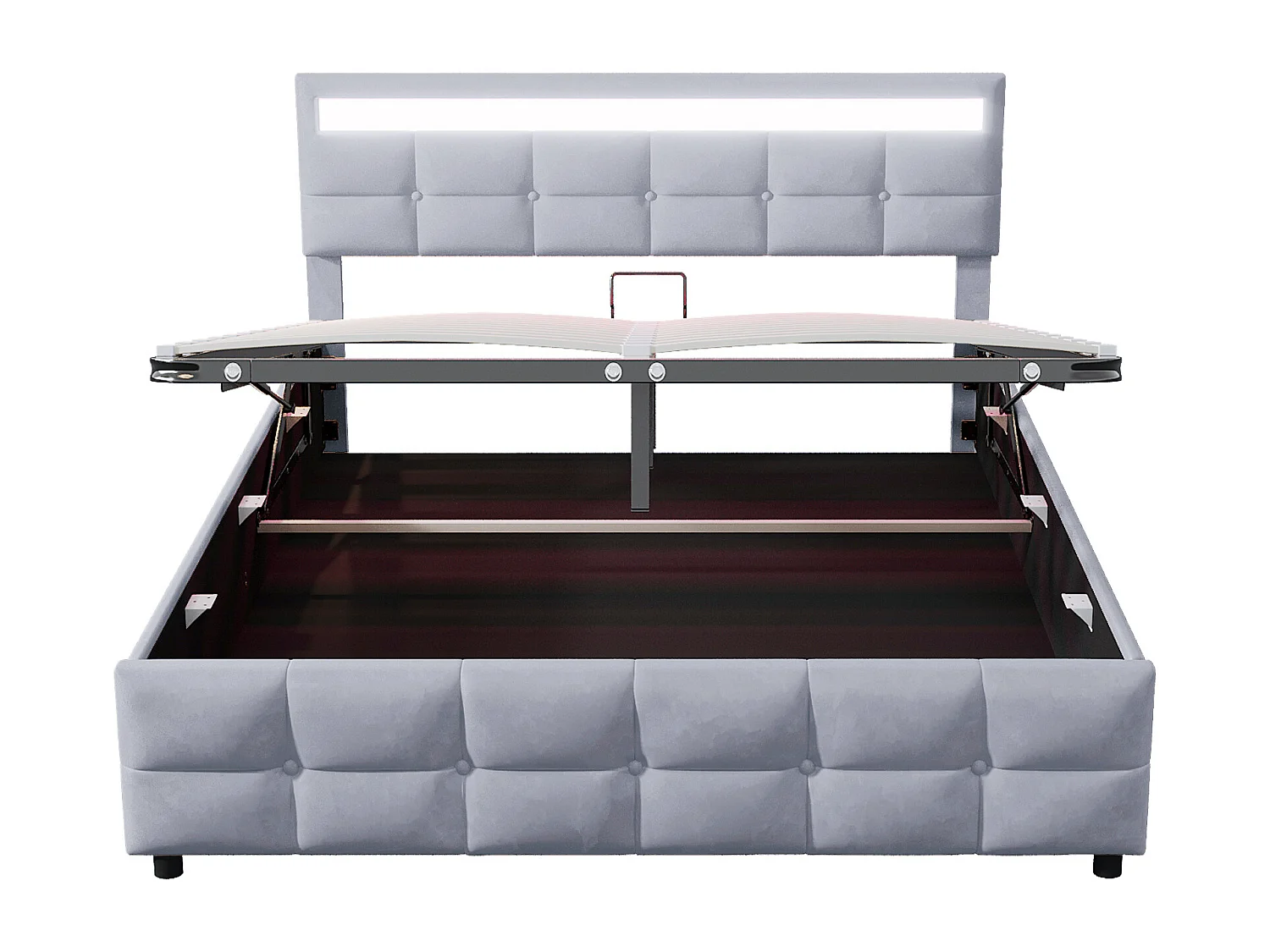 Lit rembourré 180x200 cm, LED, sommier inclus, coffre hydraulique, velours gris, espace de rangement