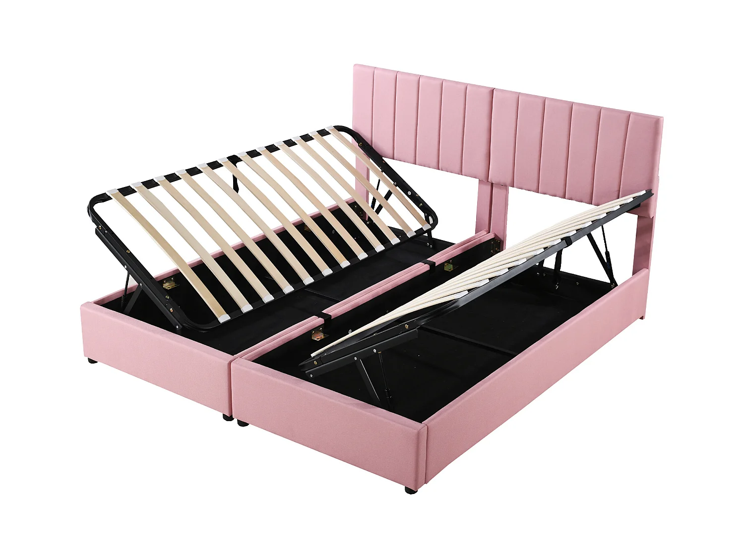 Lit rembourré 180x200 cm avec coffre hydraulique, sommier inclus, velours lin rose, lit double multifonction