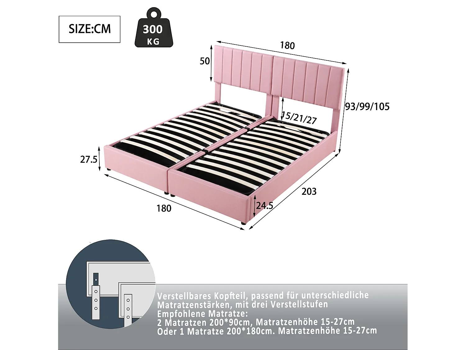 Lit rembourré 180x200 cm avec coffre hydraulique, sommier inclus, velours lin rose, lit double multifonction