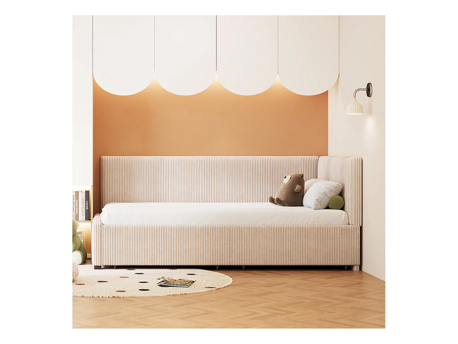 Lit convertible 90×200 cm en velours beige avec 2 grands tiroirs de rangement et sommier à lattes