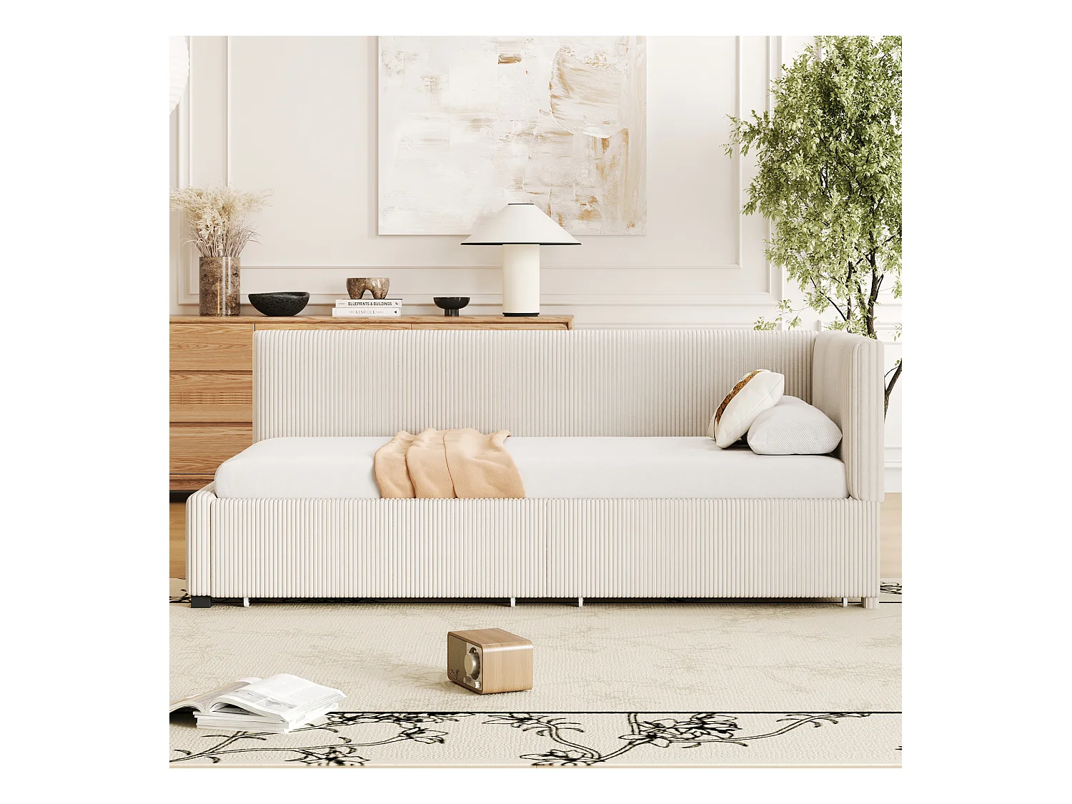 Lit convertible 90×200 cm en velours beige avec 2 grands tiroirs de rangement et sommier à lattes