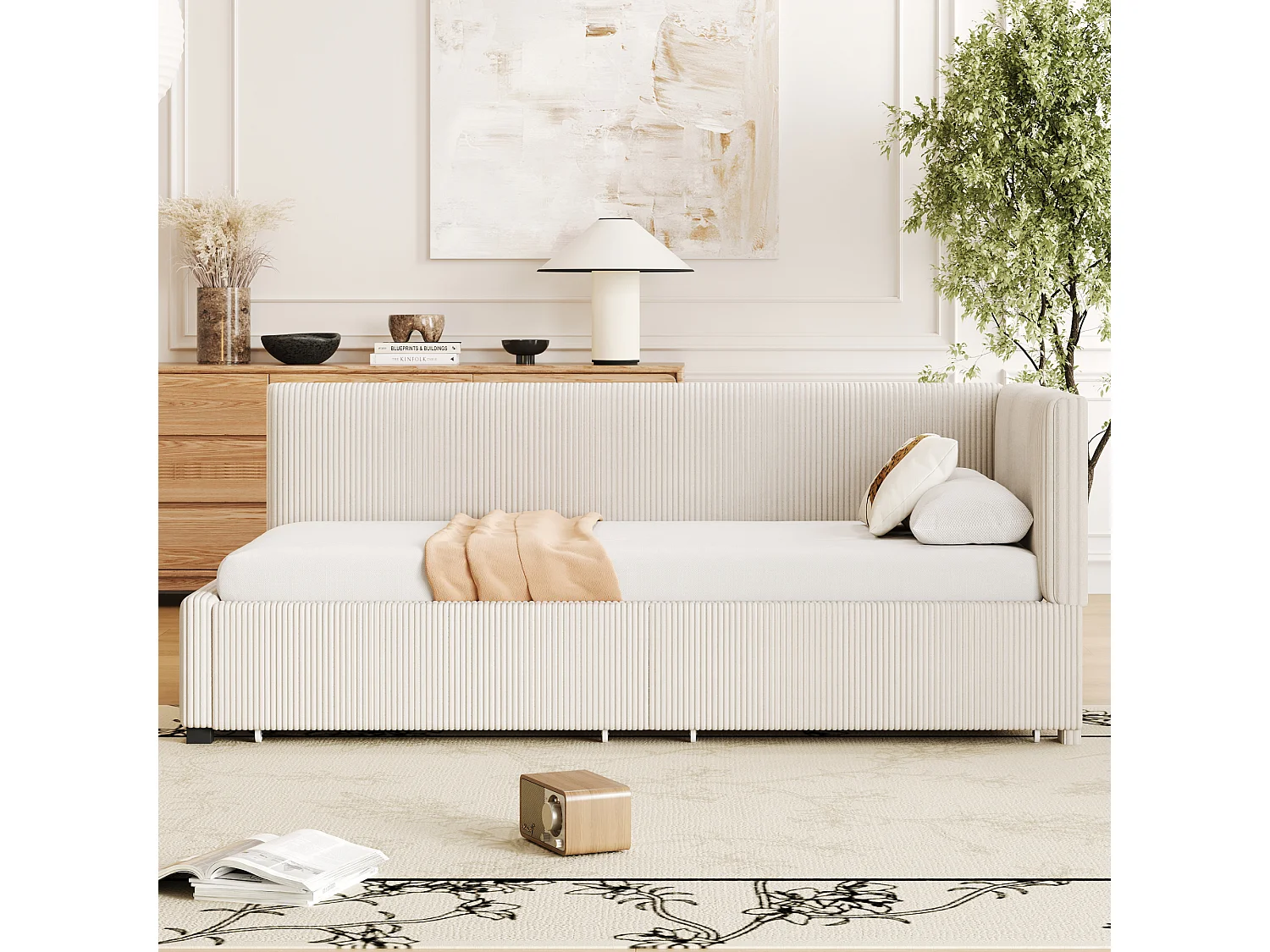 Lit convertible 90×200 cm en velours beige avec 2 grands tiroirs de rangement et sommier à lattes