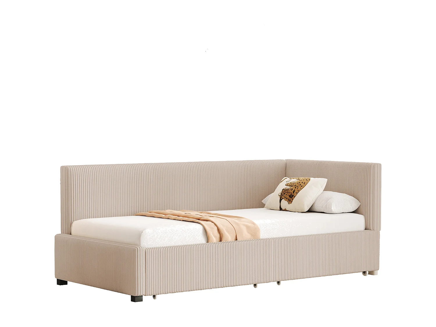 Lit convertible 90×200 cm en velours beige avec 2 grands tiroirs de rangement et sommier à lattes