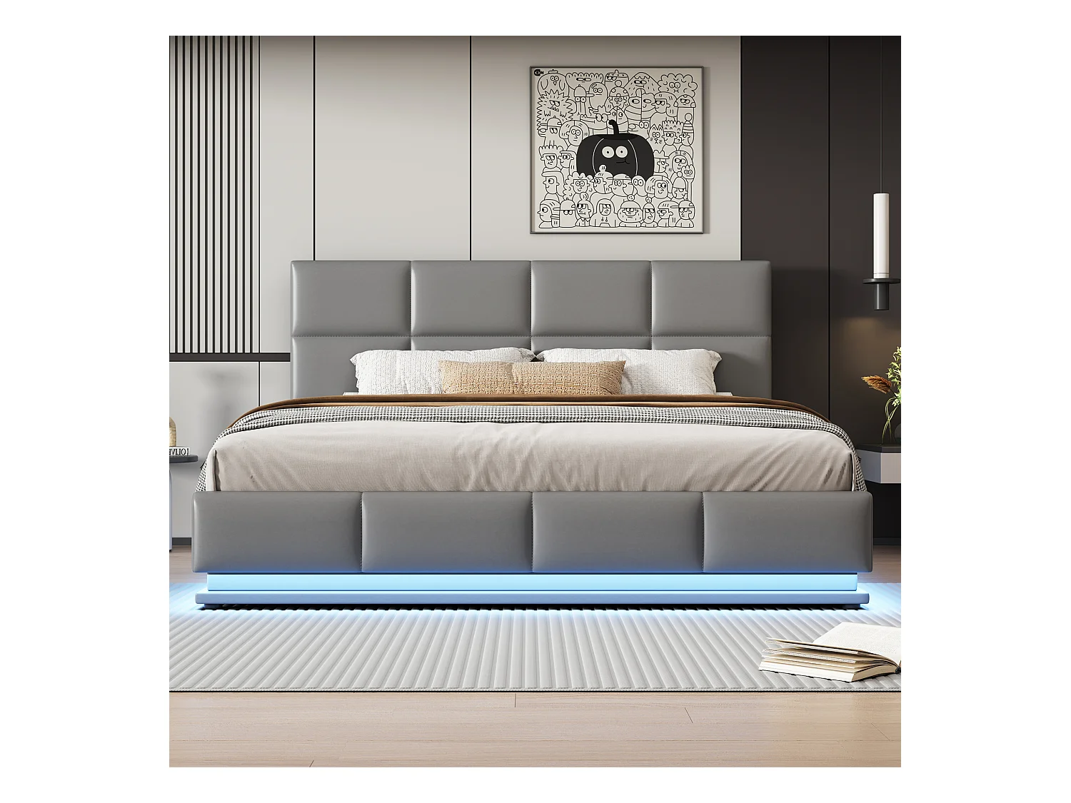 Lit rembourré 180x200 cm avec éclairage LED et espace de rangement hydraulique, couleur gris ciment