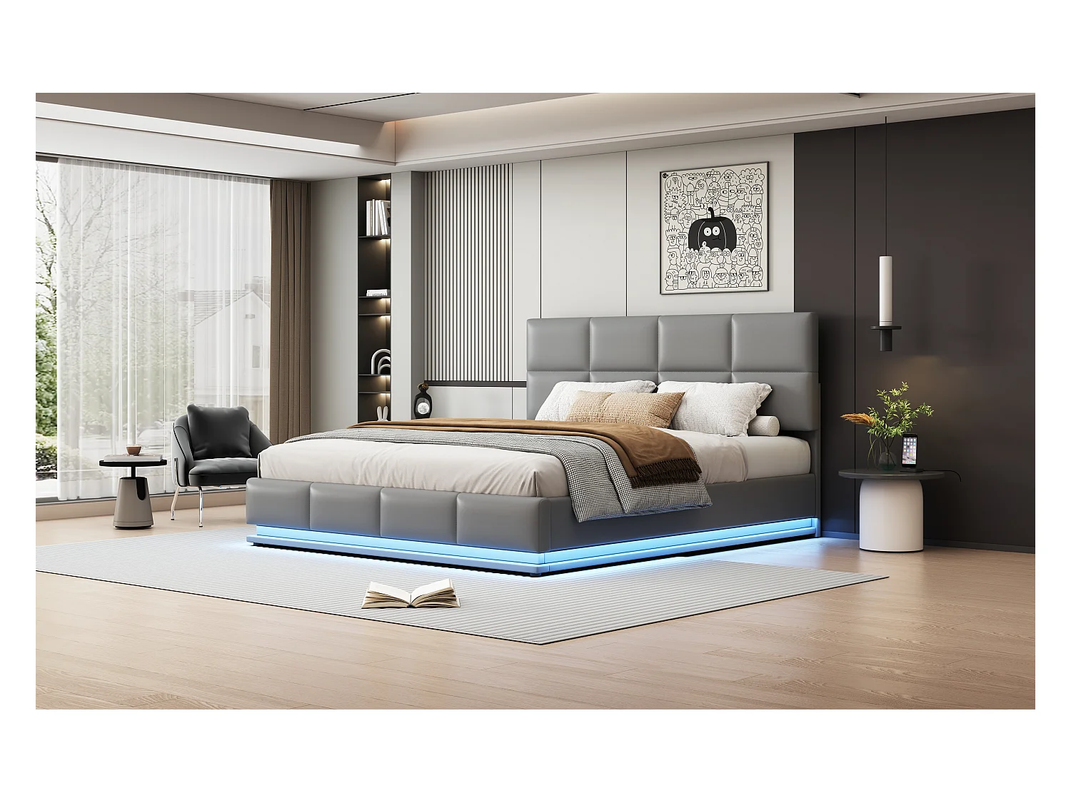 Lit rembourré 180x200 cm avec éclairage LED et espace de rangement hydraulique, couleur gris ciment