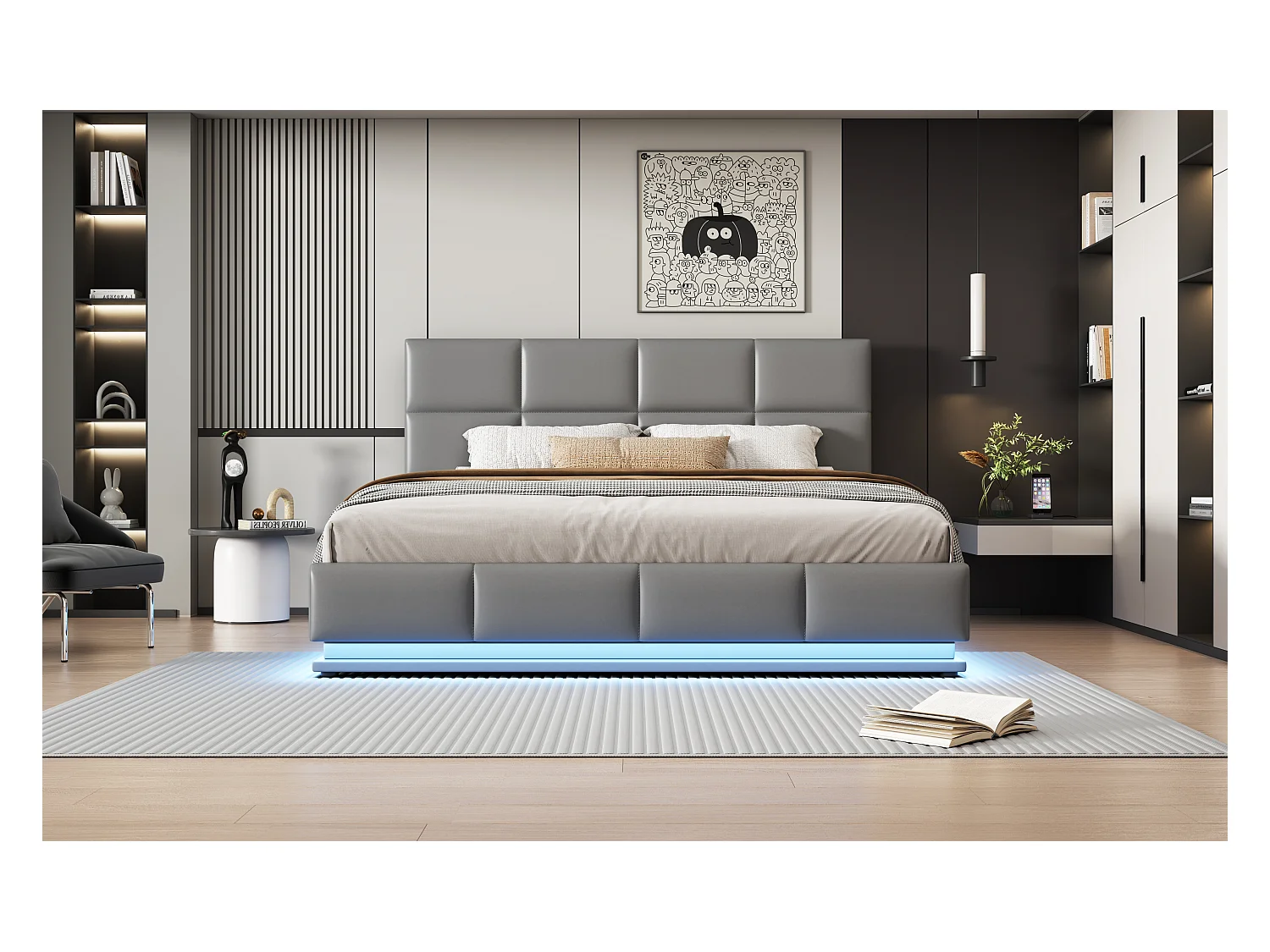 Lit rembourré 180x200 cm avec éclairage LED et espace de rangement hydraulique, couleur gris ciment