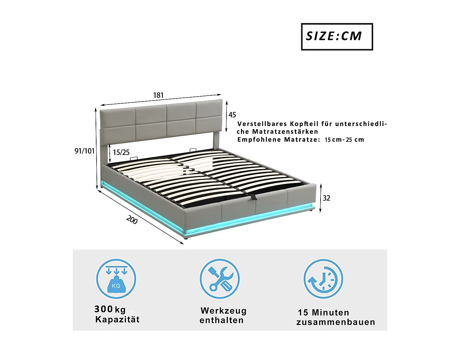 Lit rembourré 180x200 cm avec éclairage LED et espace de rangement hydraulique, couleur gris ciment