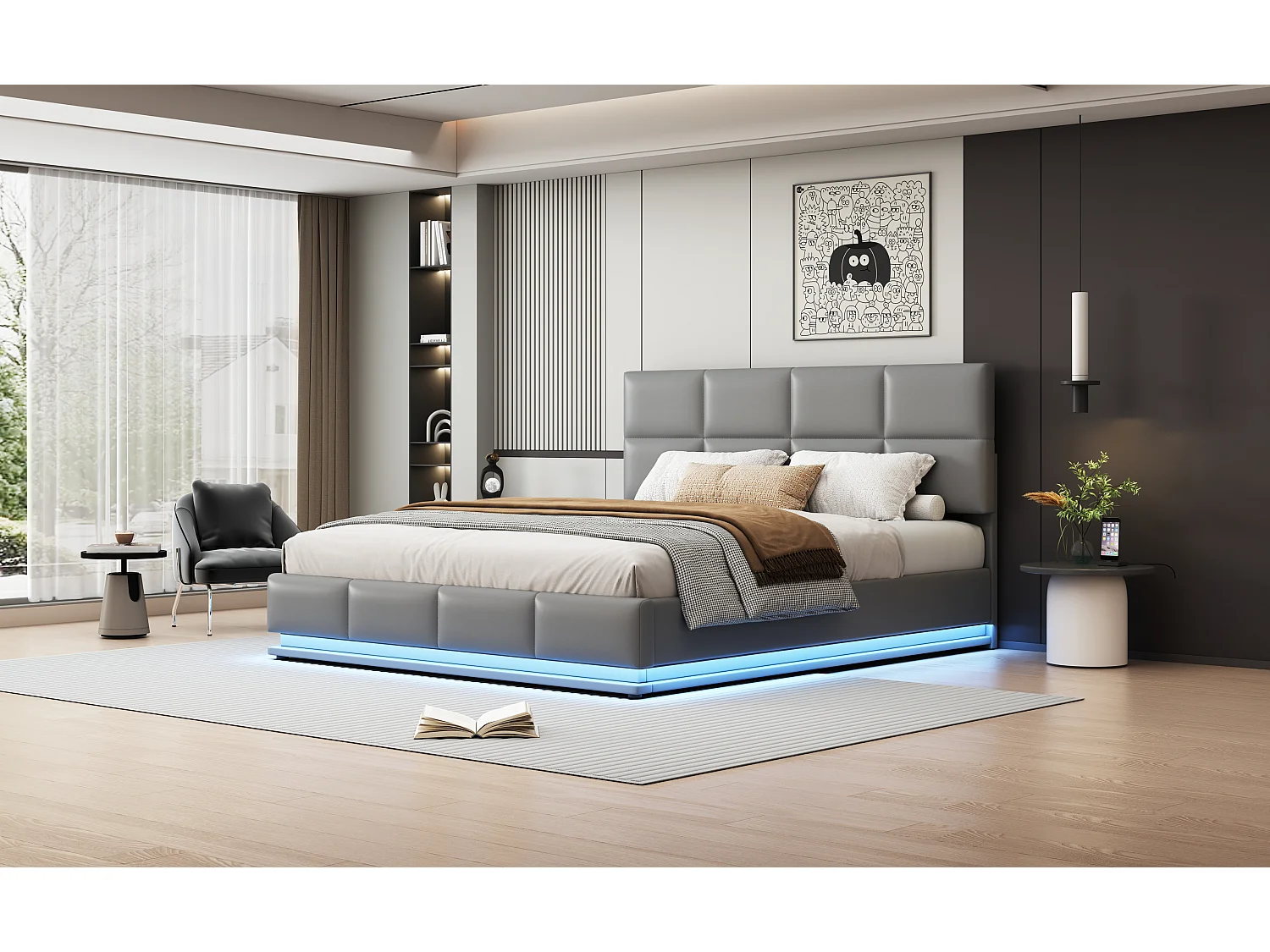 Lit rembourré 180x200 cm avec éclairage LED et espace de rangement hydraulique, couleur gris ciment