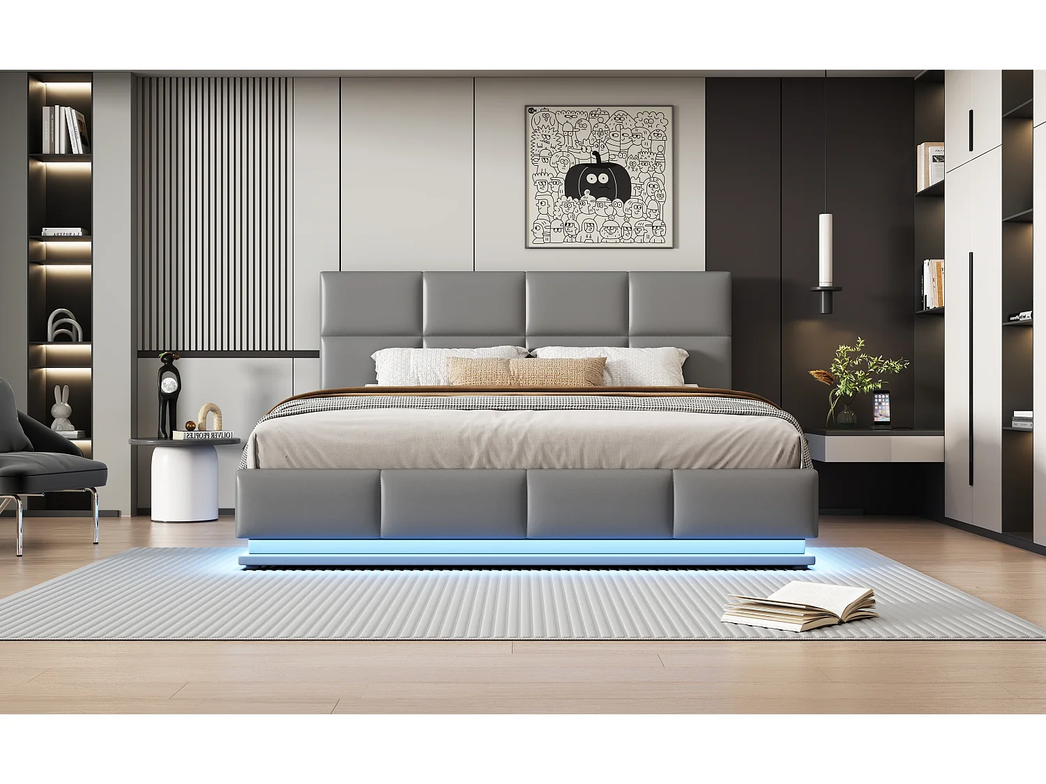 Lit rembourré 180x200 cm avec éclairage LED et espace de rangement hydraulique, couleur gris ciment