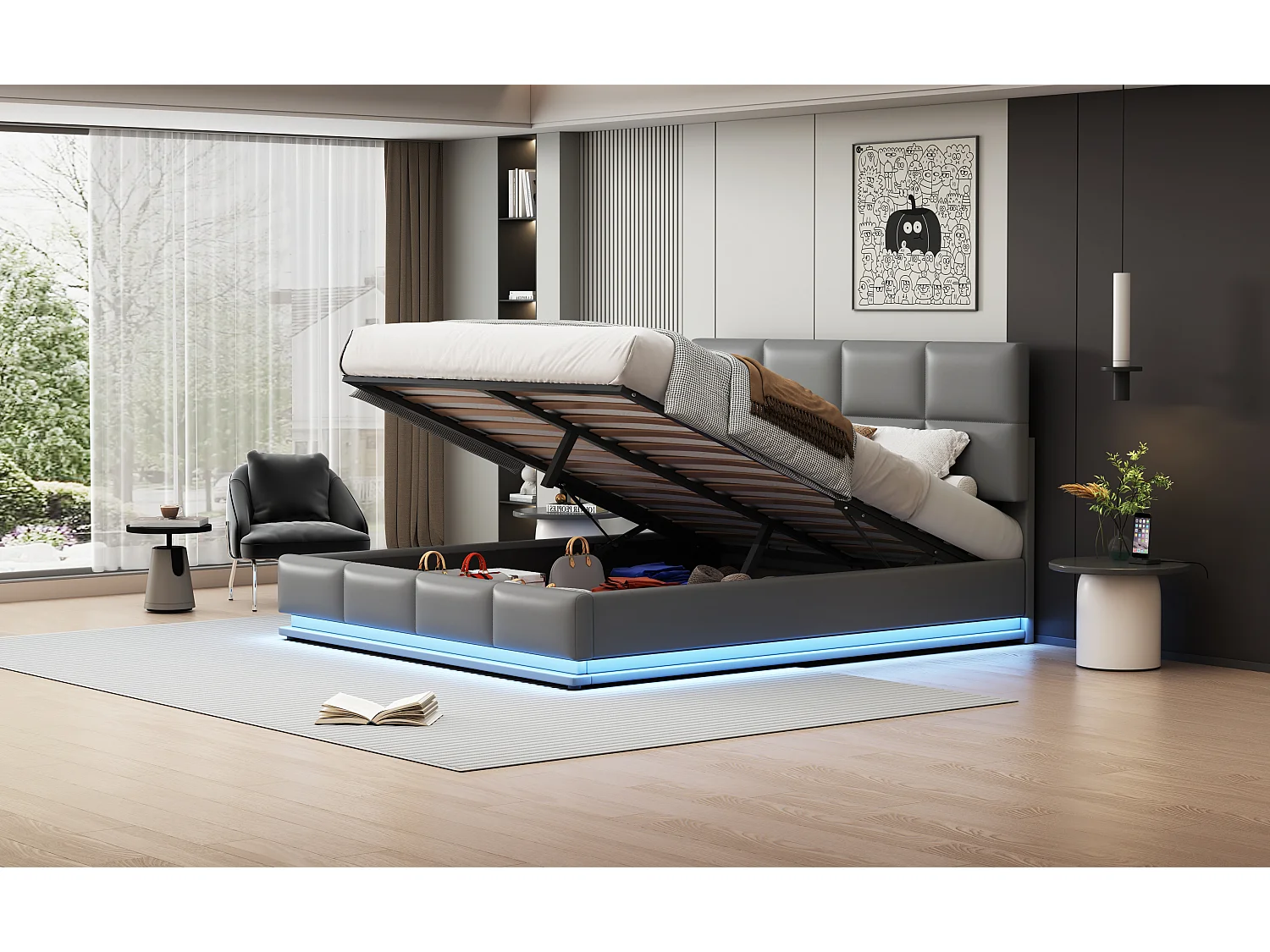 Lit rembourré 180x200 cm avec éclairage LED et espace de rangement hydraulique, couleur gris ciment