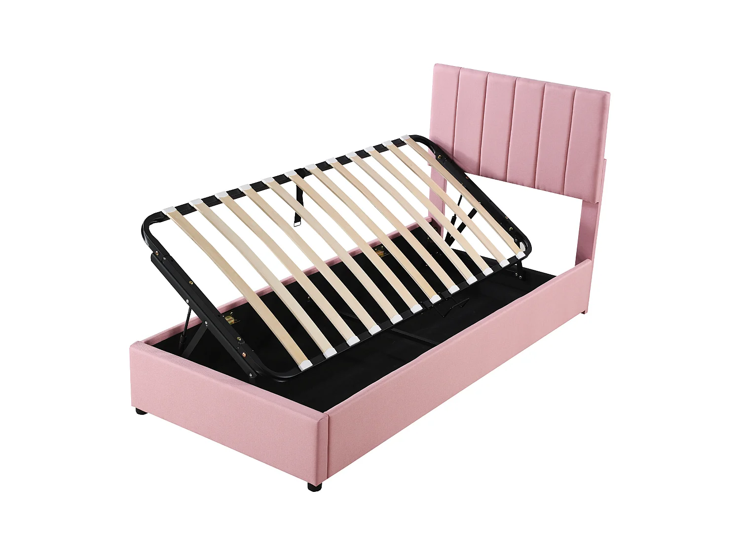 Lit enfant rembourré 90x200 cm avec coffre hydraulique, sommier inclus, velours lin rose, lit multifonction