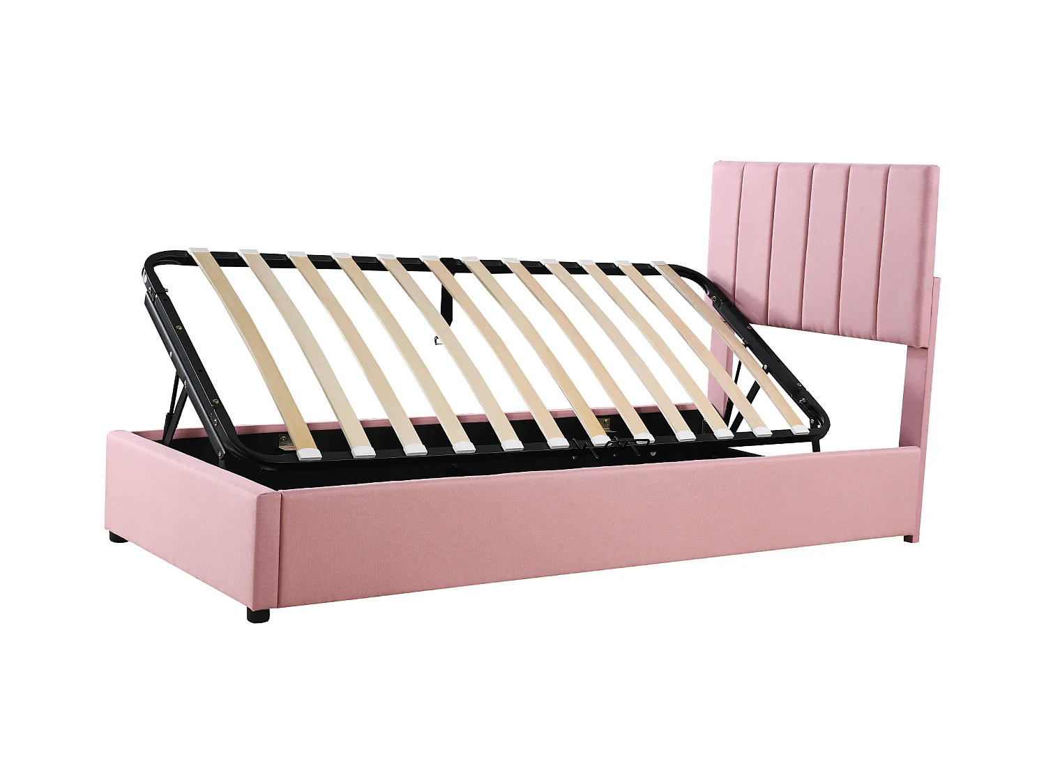 Lit enfant rembourré 90x200 cm avec coffre hydraulique, sommier inclus, velours lin rose, lit multifonction