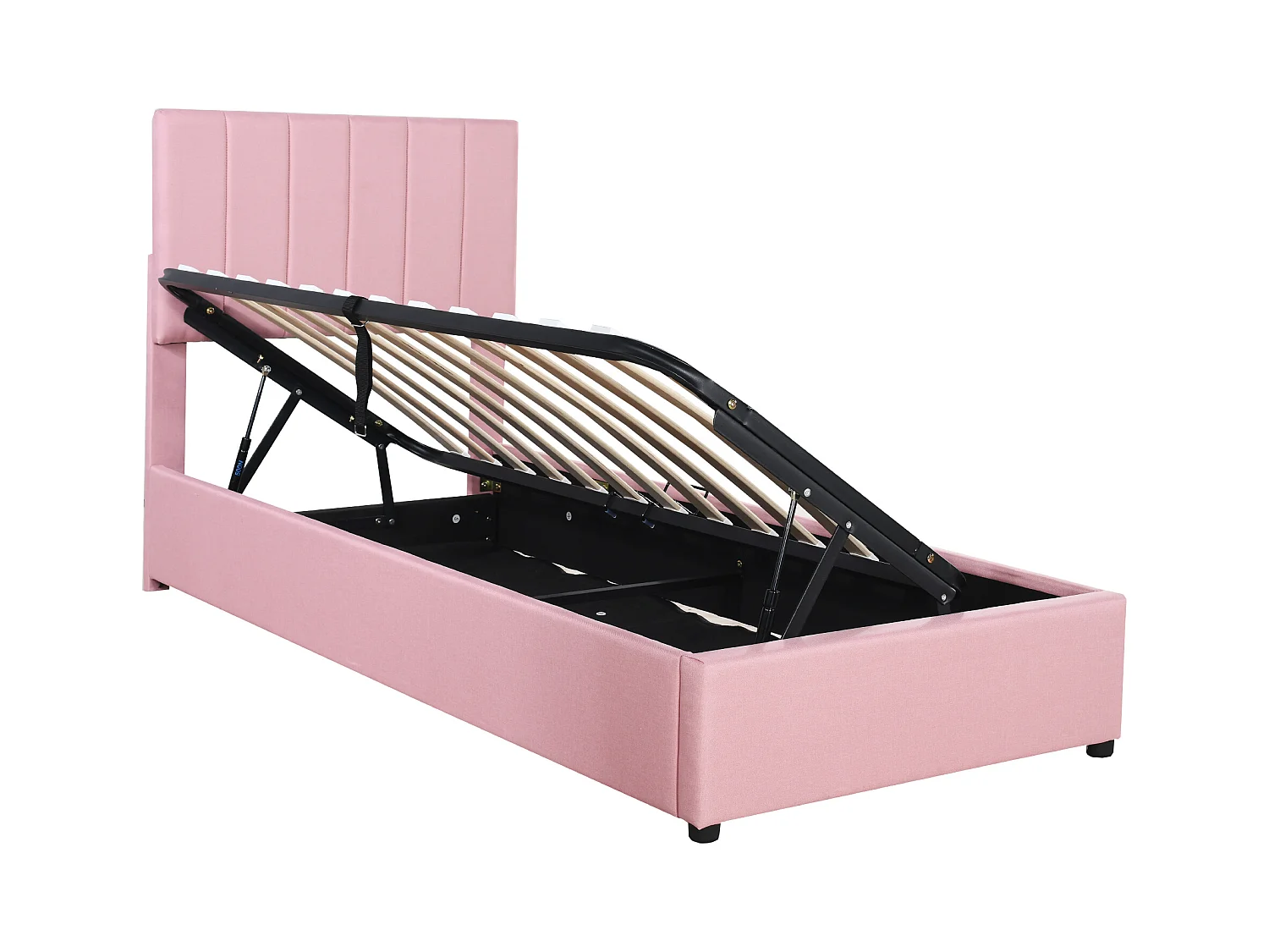 Lit enfant rembourré 90x200 cm avec coffre hydraulique, sommier inclus, velours lin rose, lit multifonction