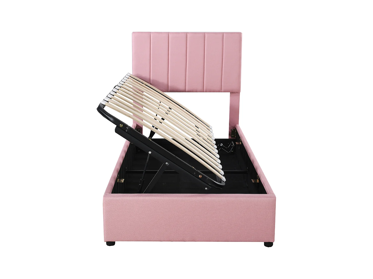 Lit enfant rembourré 90x200 cm avec coffre hydraulique, sommier inclus, velours lin rose, lit multifonction