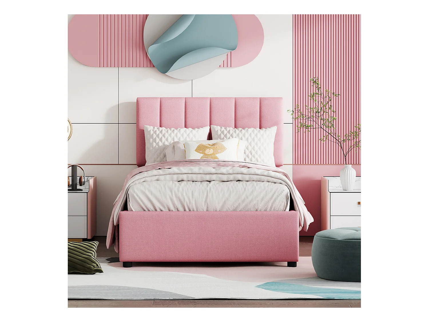 Lit enfant rembourré 90x200 cm avec coffre hydraulique, sommier inclus, velours lin rose, lit multifonction