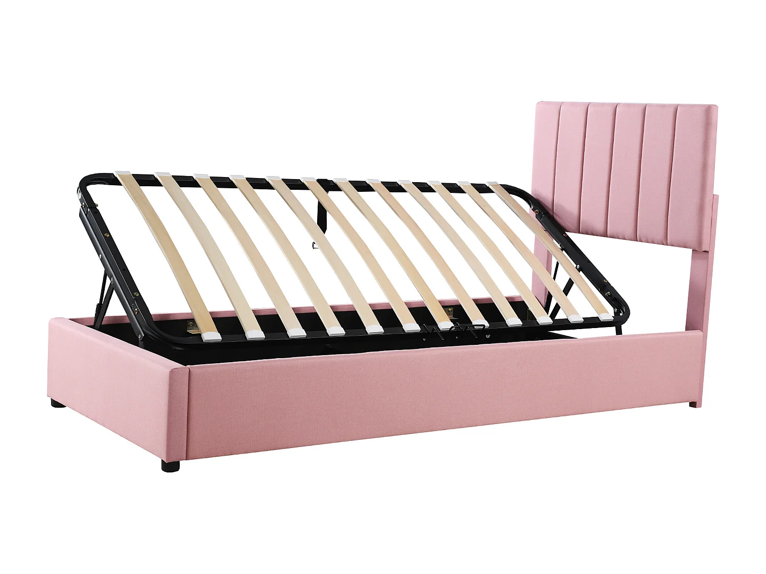 Lit enfant rembourré 90x200 cm avec coffre hydraulique, sommier inclus, velours lin rose, lit multifonction