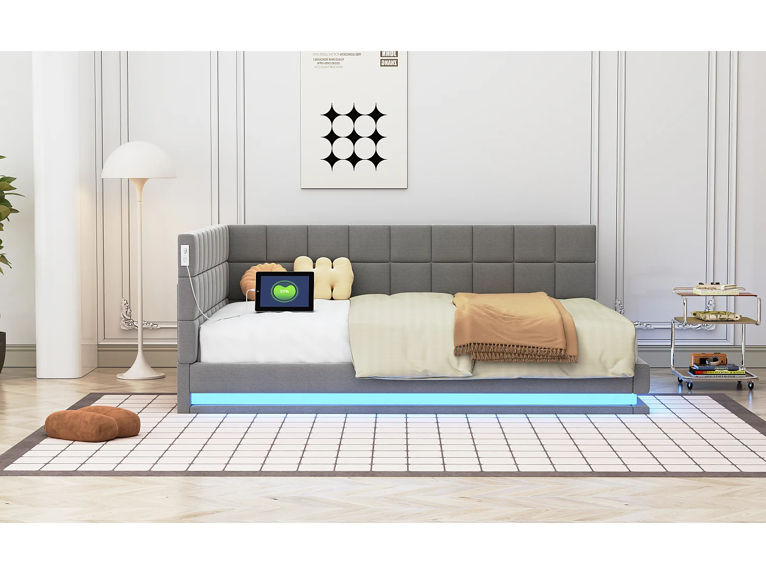 Lit d'appoint 140×200 cm en velours gris avec éclairage LED et prise USB, sommier à lattes inclus