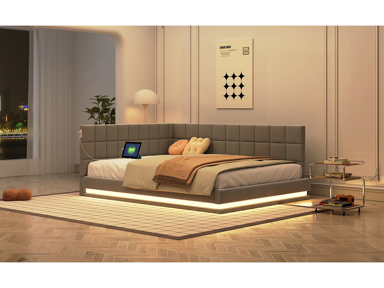Lit d'appoint 140×200 cm en velours gris avec éclairage LED et prise USB, sommier à lattes inclus