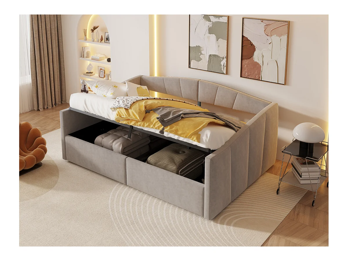 Lit/Sofa 140×200 cm, Gris clair, avec rangement hydraulique, dossier et accoudoirs rembourrés