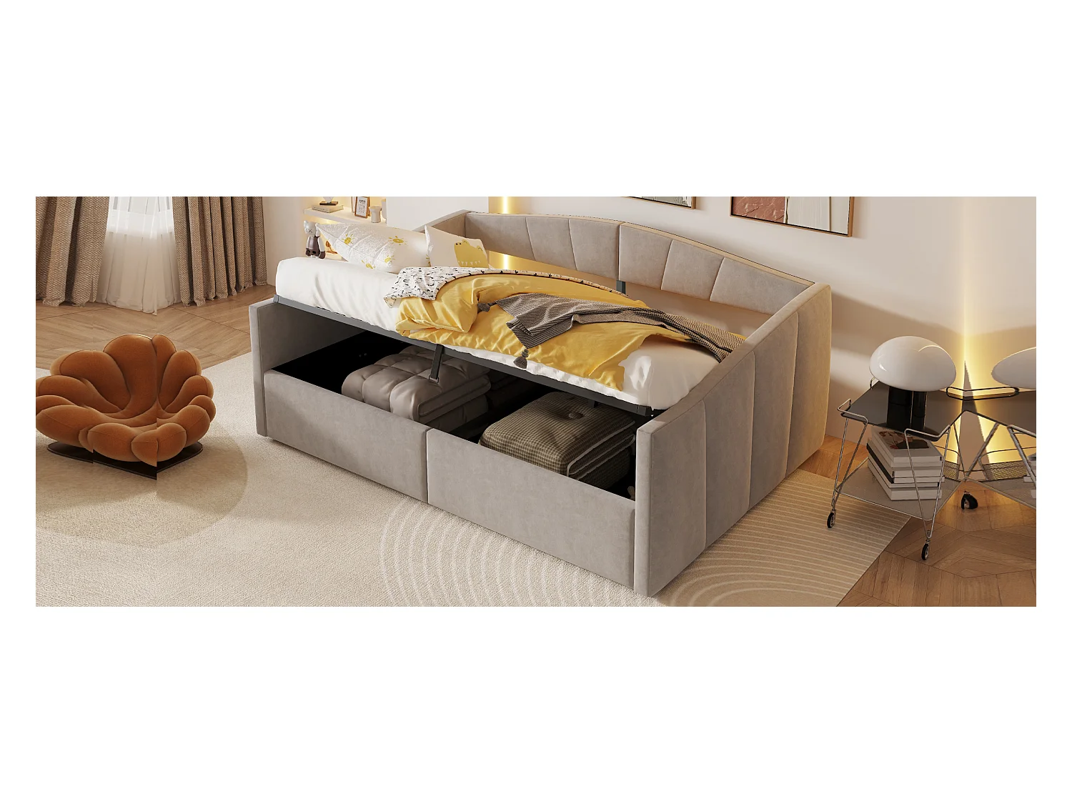 Lit/Sofa 140×200 cm, Gris clair, avec rangement hydraulique, dossier et accoudoirs rembourrés