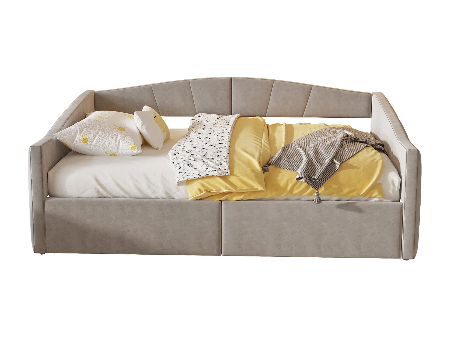 Lit/Sofa 140×200 cm, Gris clair, avec rangement hydraulique, dossier et accoudoirs rembourrés