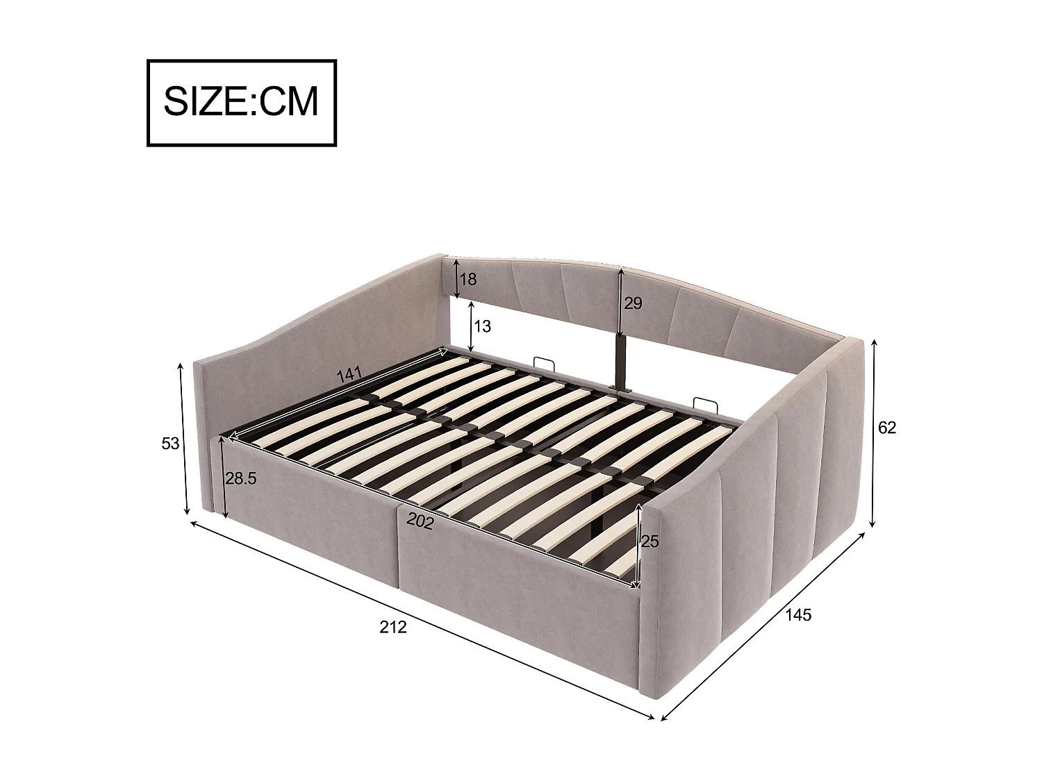 Lit/Sofa 140×200 cm, Gris clair, avec rangement hydraulique, dossier et accoudoirs rembourrés