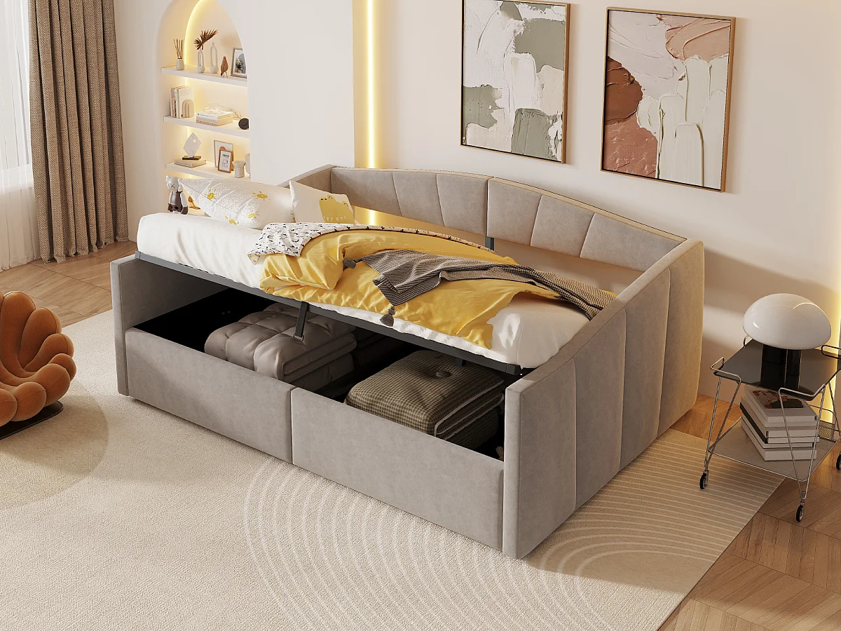 Lit/Sofa 140×200 cm, Gris clair, avec rangement hydraulique, dossier et accoudoirs rembourrés