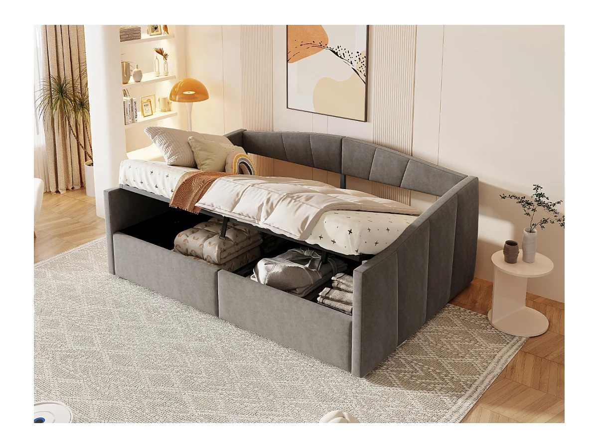 Lit/Sofabett 140×200 cm, avec rangement hydraulique, tissu en velours gris, barrière de sécurité et accoudoirs