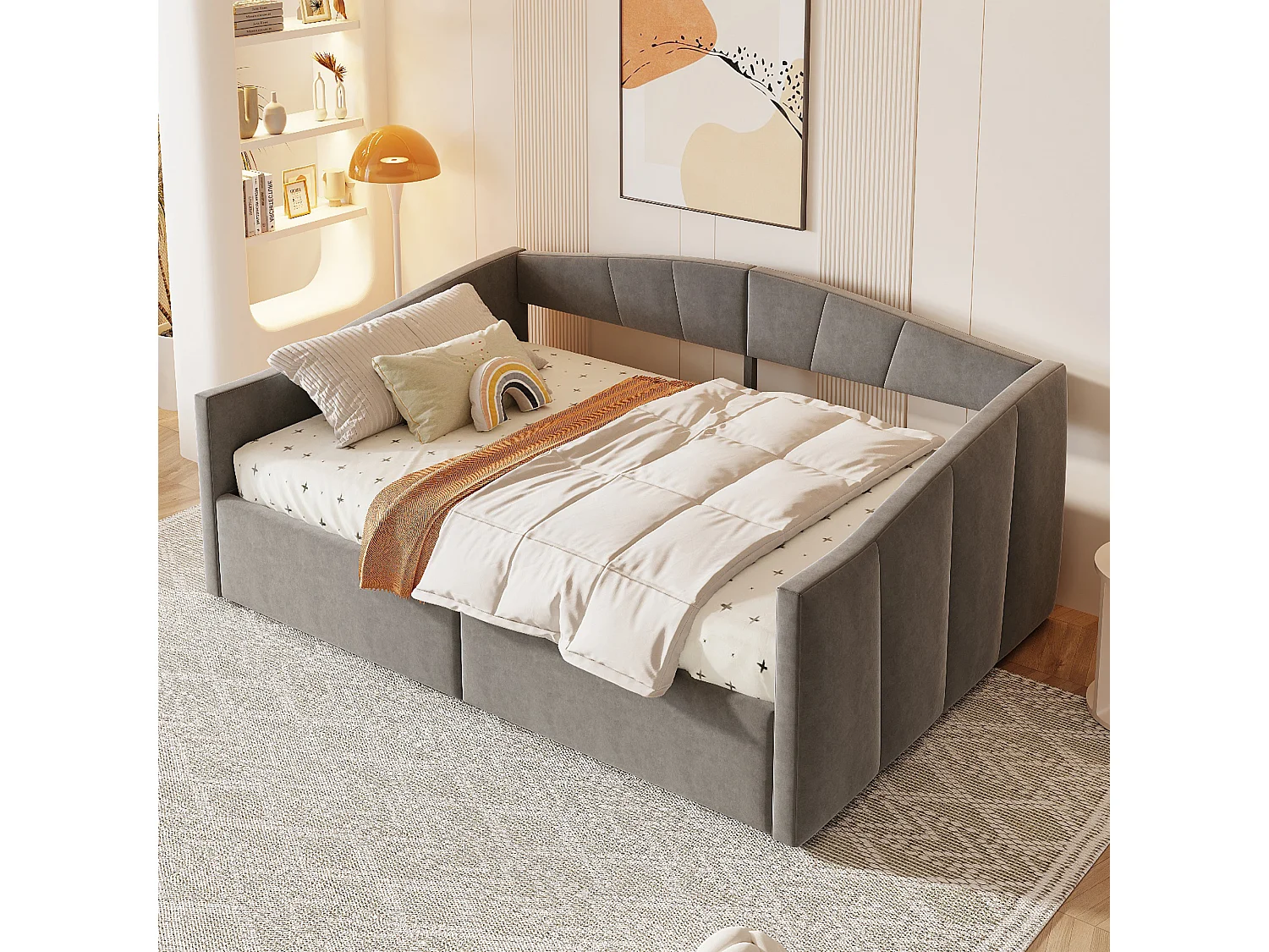 Lit/Sofabett 140×200 cm, avec rangement hydraulique, tissu en velours gris, barrière de sécurité et accoudoirs